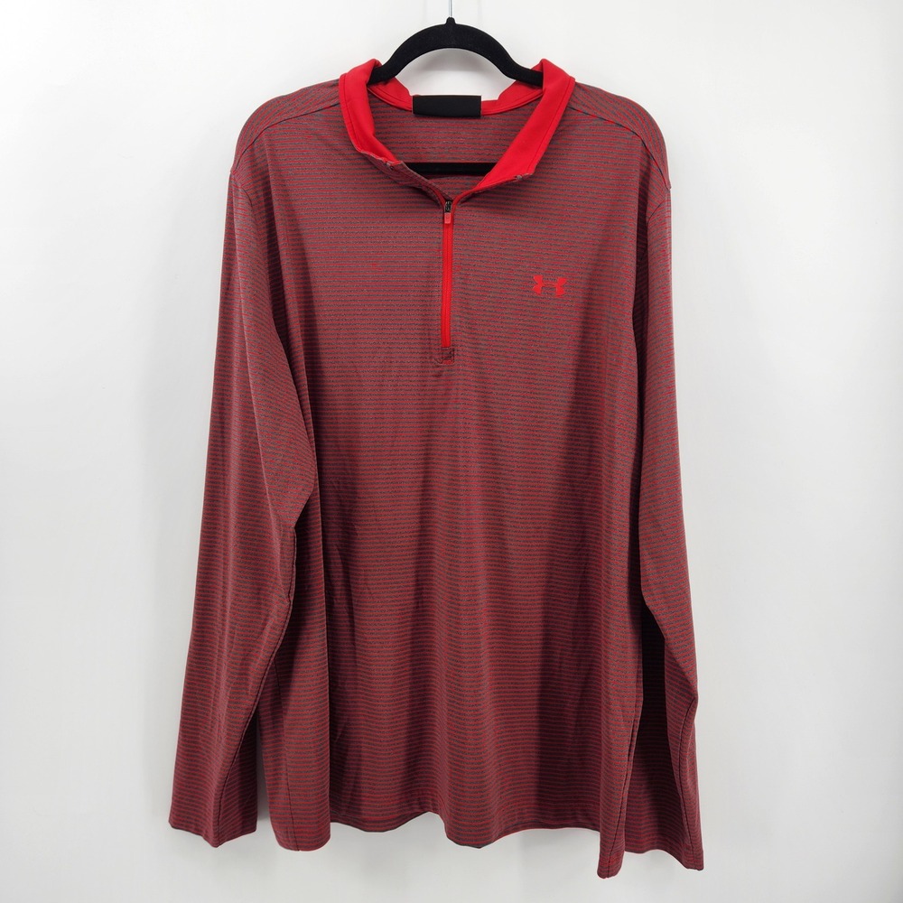 Under Armour XXL Mens Red Gray‎ Striped 1/4 Zip Long Sleeve Pullover Shirt
